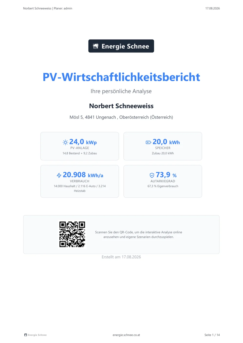 Titelseite des PV-Wirtschaftlichkeitsberichts mit Anlagengröße, Speicher, Verbrauch, Autarkiegrad und QR-Code zur Auswertung